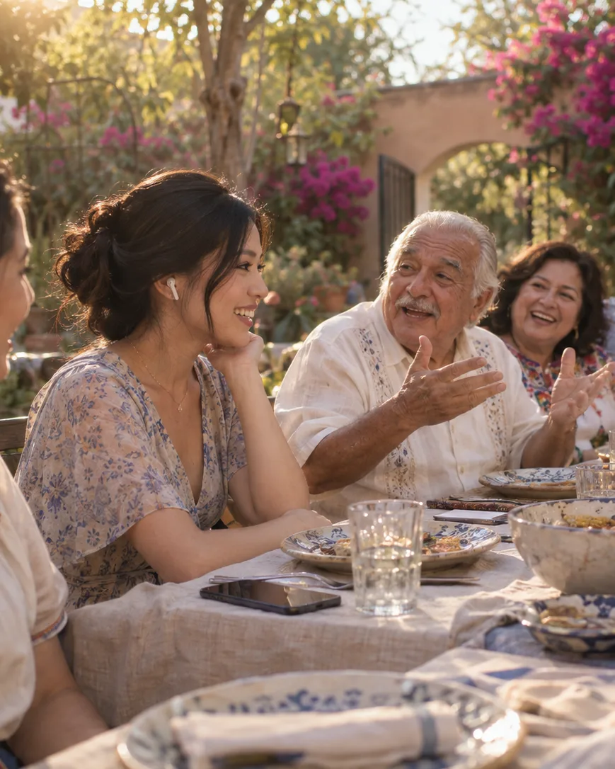 A long family dinner in a garden courtyard, a guest wearing one wireless earbud smiling as the grandfather tells a story.