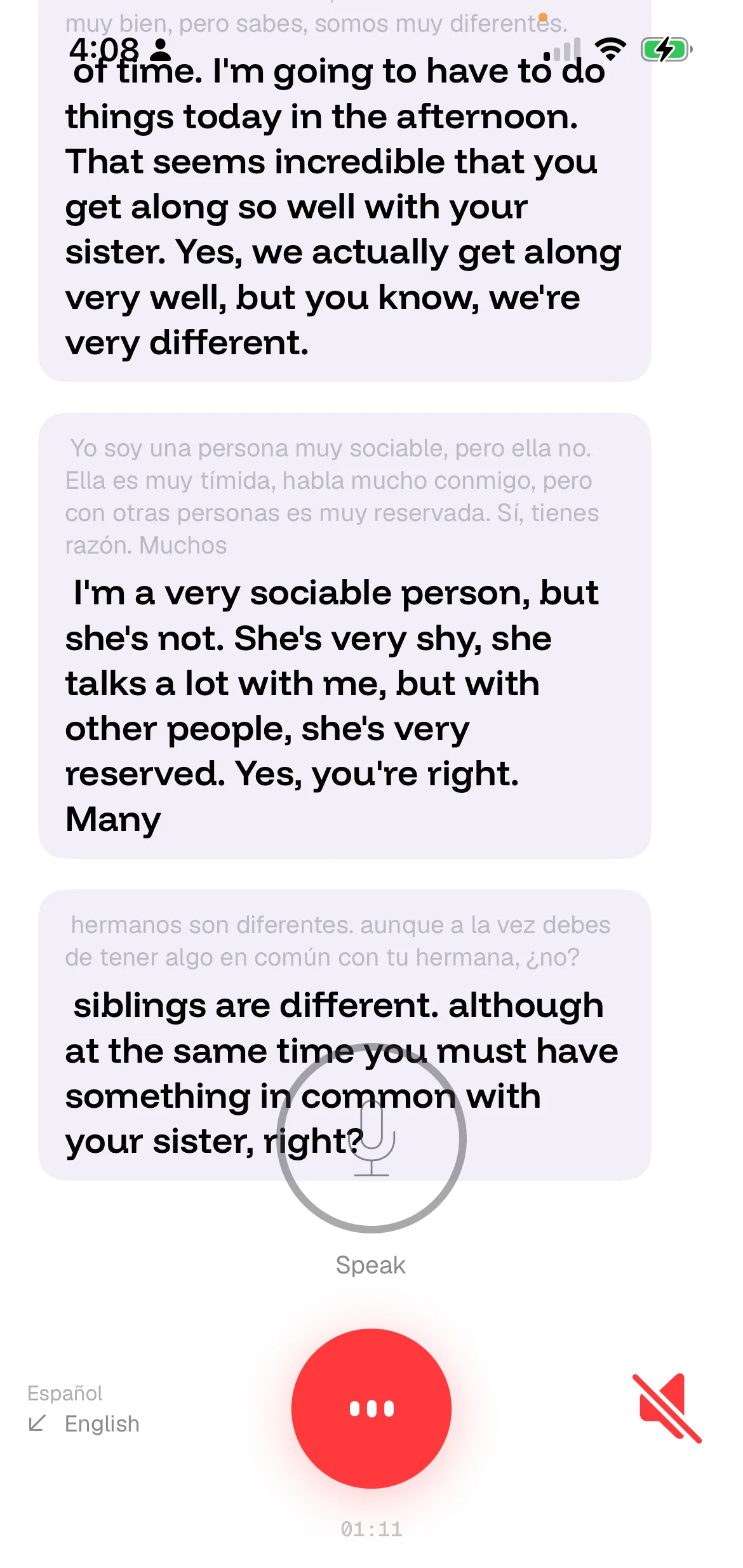 Listen mode: a Spanish conversation streaming in as English, the translation arriving while people are still talking.