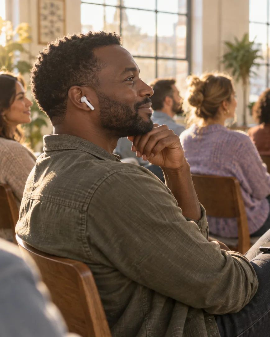 A man in the audience of a small talk in a sunlit loft, one wireless earbud in, listening intently.
