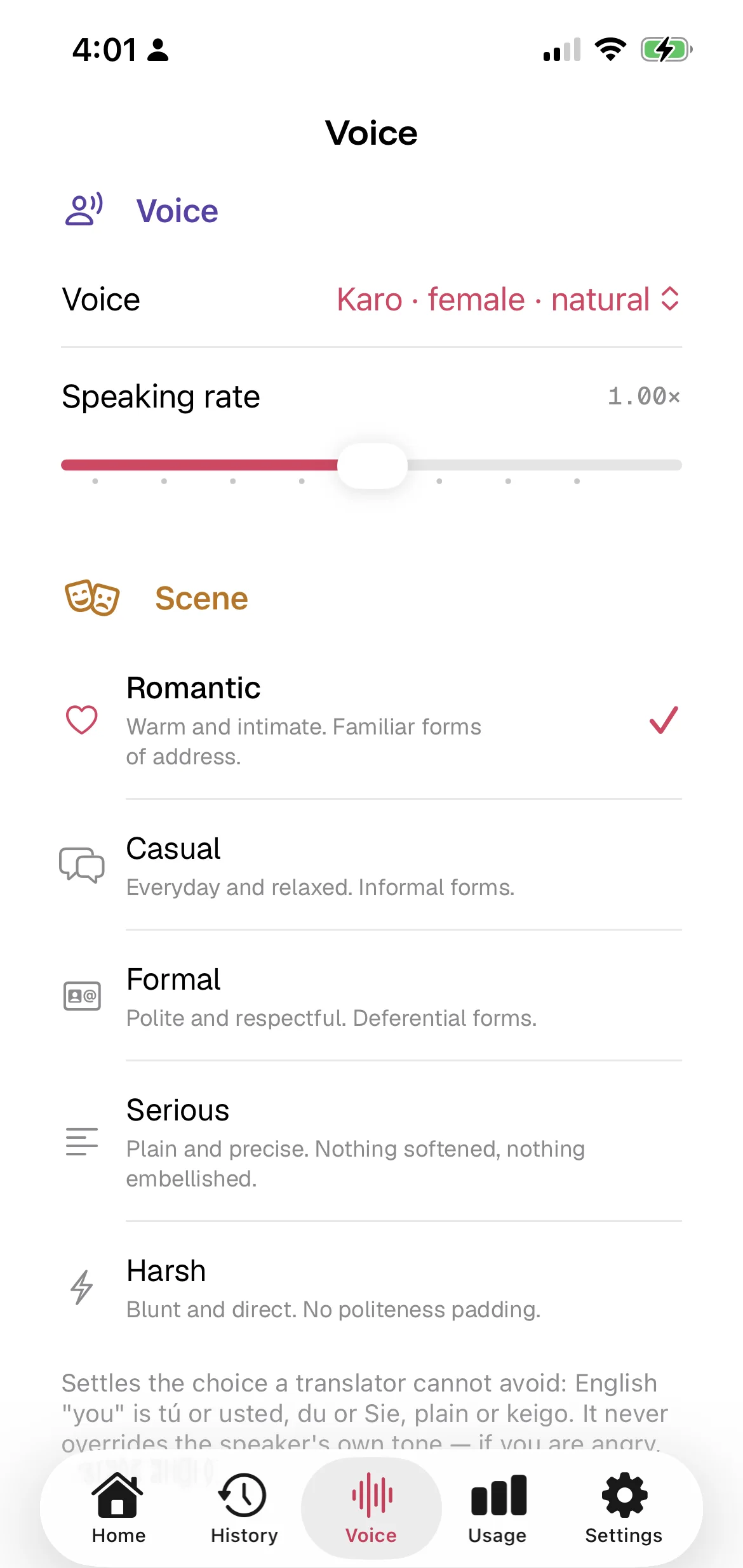 The scene picker: Romantic, Casual, Formal, Serious and Harsh, with Romantic selected.