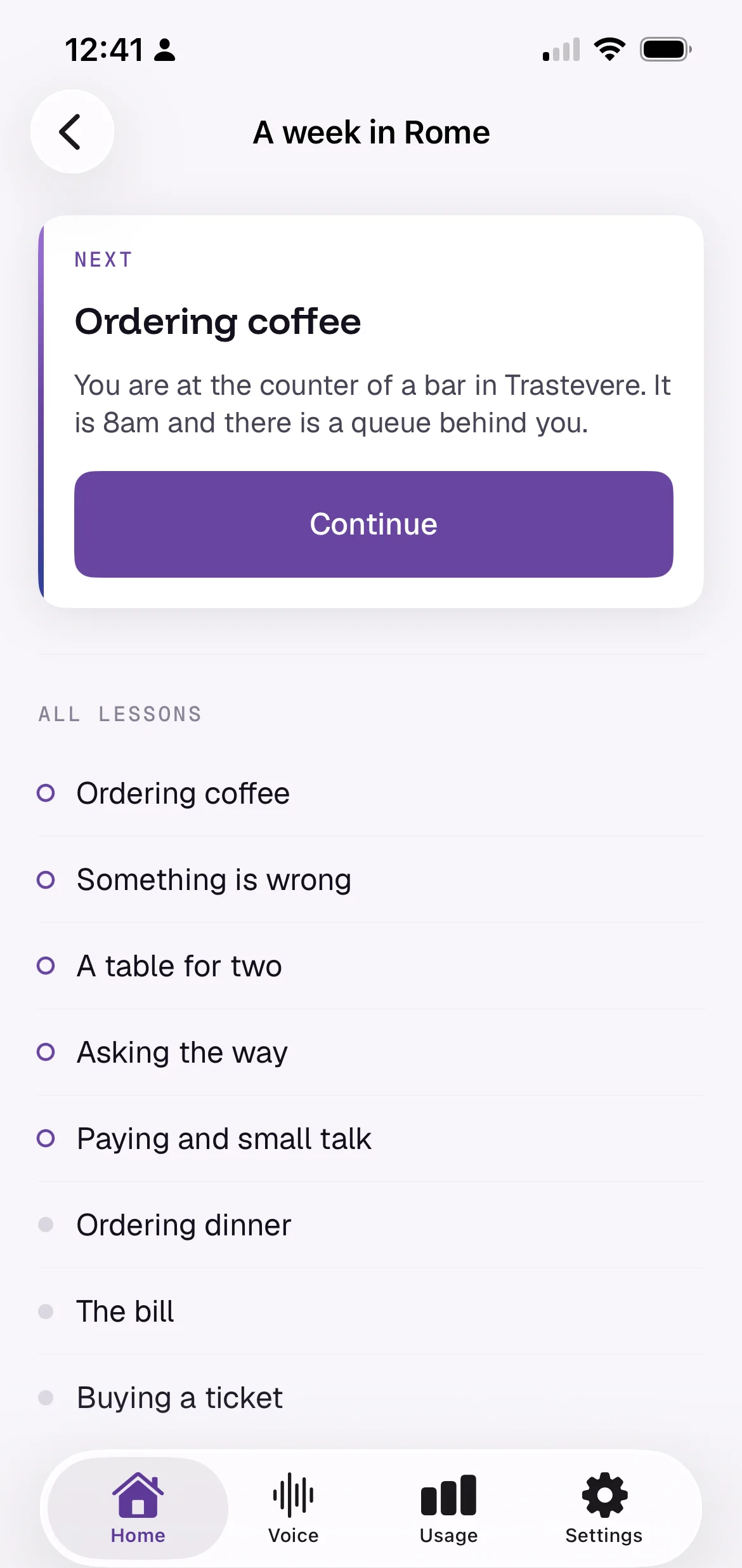 The course “A week in Rome” with its eight lessons listed, from ordering coffee to buying a ticket.