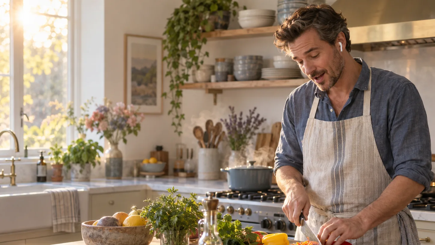 A man chopping vegetables in a sunlit kitchen, an earbud in, speaking a phrase out loud with both hands busy and no phone in sight.