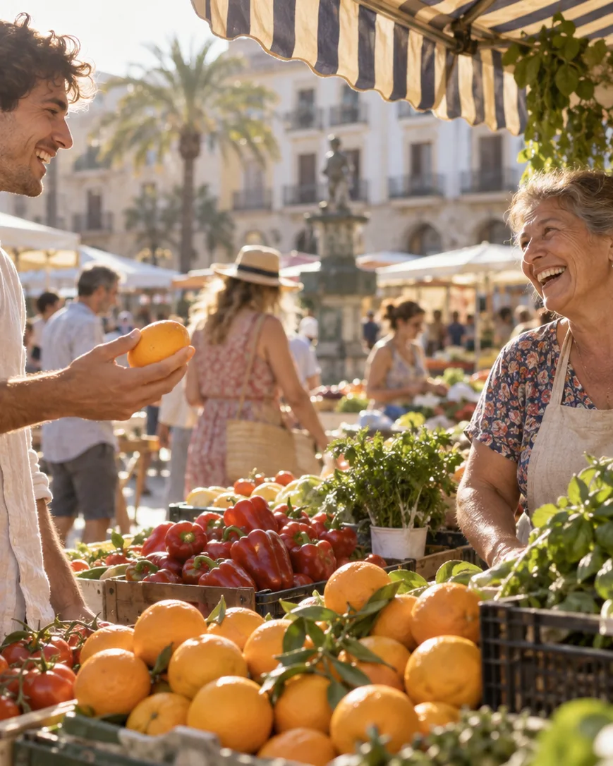 A young man holding up an orange and asking a question of a laughing stallholder at a sunlit open-air market.