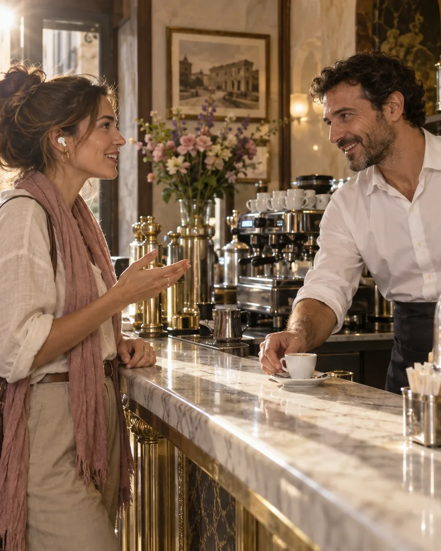 A traveller at the marble counter of a Roman espresso bar, speaking to the barista as he sets down an espresso, one earbud in.