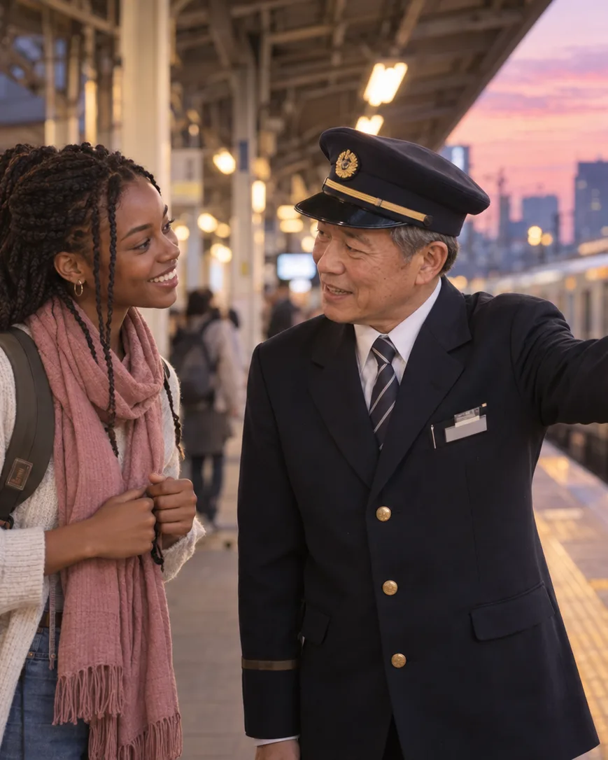 A traveller with a backpack asking a station attendant for directions on a Tokyo platform at dusk as he gestures down the platform.
